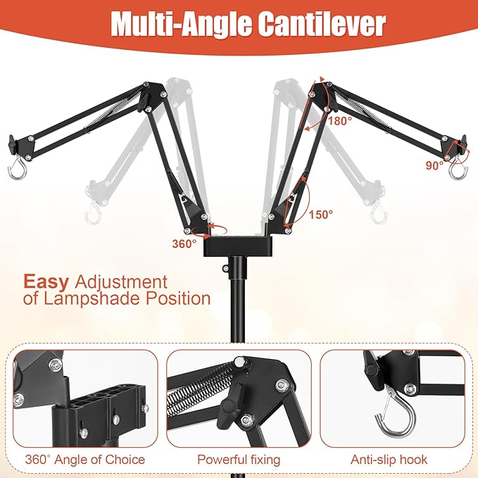 Dual Reptile Lamp Stand - Adjustable Height (15.7in to 74.3in) Metal Light Holder with 2 x 360° Adjustable Arms for Hanging Heat Lamp Fixture Dome Lampshades in Tank and Glass Terrarium