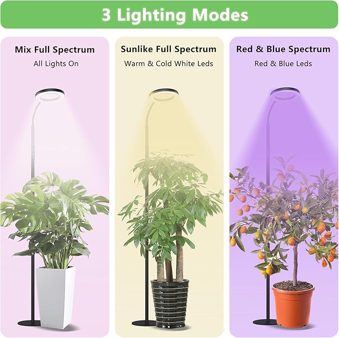 Grow Light for Indoor Plants, Full Spectrum Led Plant Growing Lights with Stand, Tall Halo Floor Growth Lamp with Timer, Height Adjustable, Dimmable Brightness for Large Plants