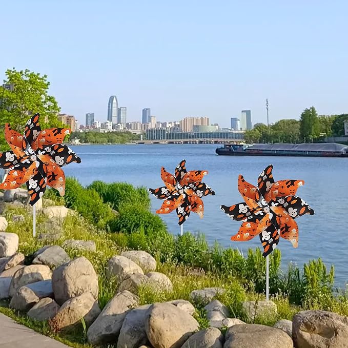 10 Pack 15.35 lnches Windmill Outdoor Halloween Decorations Applied to Lawn, Yard, Garden, Farm ，As Well As Decor Indoor Pinwheels Toy - Orange Black Wind Spinners（Bats/Pumpkin/Skull）