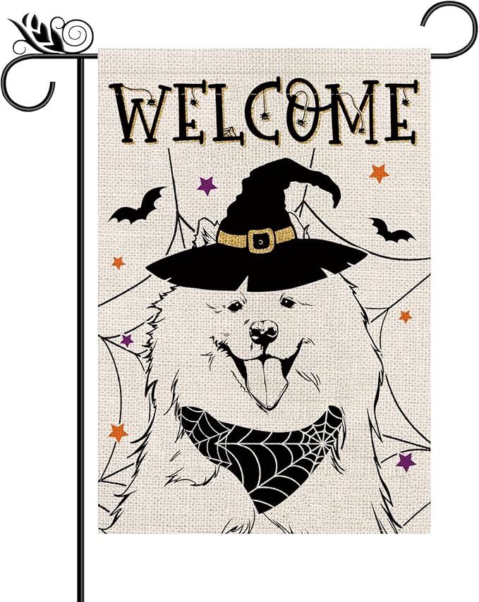 Halloween Garden Flag Samoyed Cobweb Bats Double Sided Vertical Welcome Flag Holiday Outdoor Yard Lawn Decorations 12.5 x 18 Inch