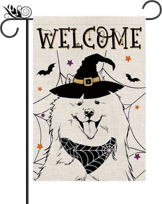 Halloween Garden Flag Samoyed Cobweb Bats Double Sided Vertical Welcome Flag Holiday Outdoor Yard Lawn Decorations 12.5 x 18 Inch