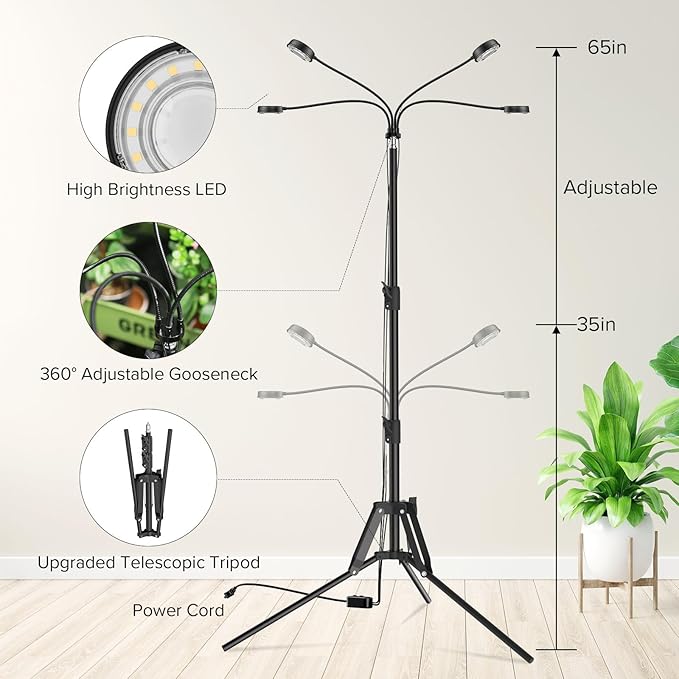 SANSI Grow Lights for Indoor Plants, 4 Head Dimmable Plant Lights for Indoor Growing, 40W 35"-65" Adjustable Standing Plant Grow Lights Indoor Tripod Auto On/Off Timer Grow Light