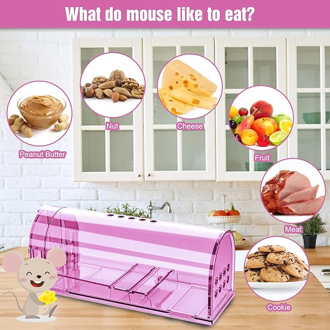 4 Pcs Humane Mouse Traps No Kill, Live Mouse Traps Indoor for Home, Reusable Mice Small Rat Trap Catcher for House & Outdoors(Pink)