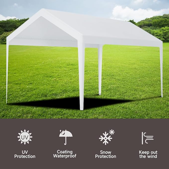 Carport Replacement Canopy, Replacement Top Cover for 12' x 20' Carport Frame, 180G PE Fabric Waterproof & UV Protected Tarp with Ball Bungees, White (Only Top Cover, Frame is not Included)