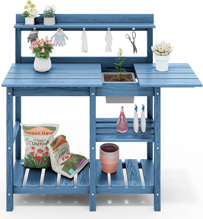 SERWALL Potting Table Outdoor Potting Bench with Sink, HDPE Potting Benches for Outside All Weather Use- Blue