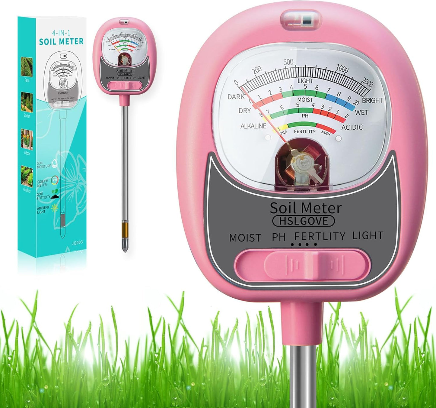 HSLGOVE Soil Test Kit,4-in-1 Soil Moisture Meter,Soil PH Meter/Fertility/Sun-Light, Large Dial Soil Tester-MilkPink