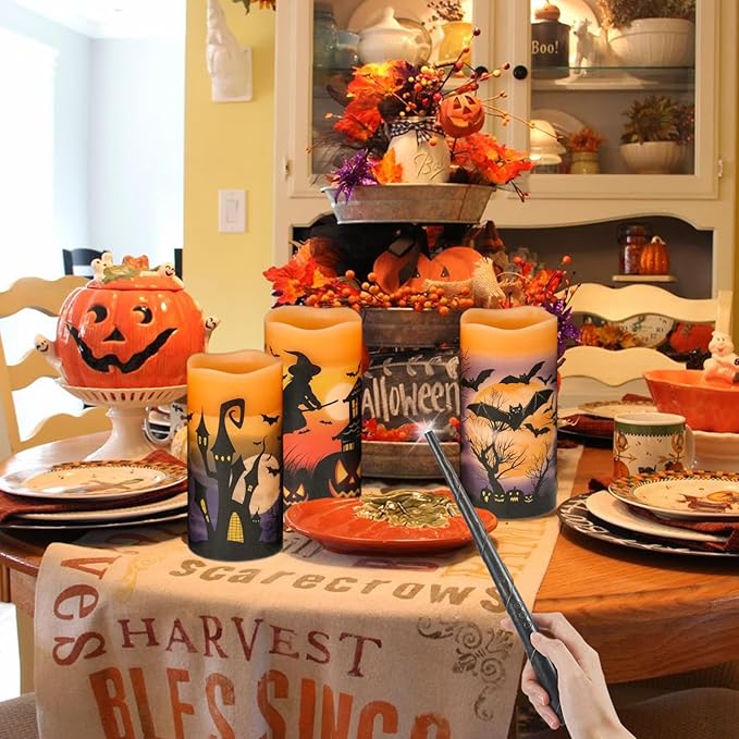 DRomance Halloween Flameless Candles with Magic Wand Remote and Timer, Battery Operated LED Flickering Pillar Candles Real Wax Castle Witch Bats Halloween Decoration Indoor(3 Pack, 3 x 6 Inches)