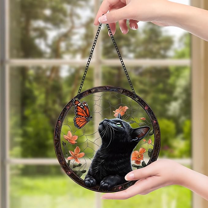 Black Cat Sun Catcher - Black Cat Butterfly Flower Suncatcher Rainbow Maker Stained Acrylic Window Hanging Ornament Indoor Outdoor Decoration Home Garden Decor Chain Pendant Memorial Gifts