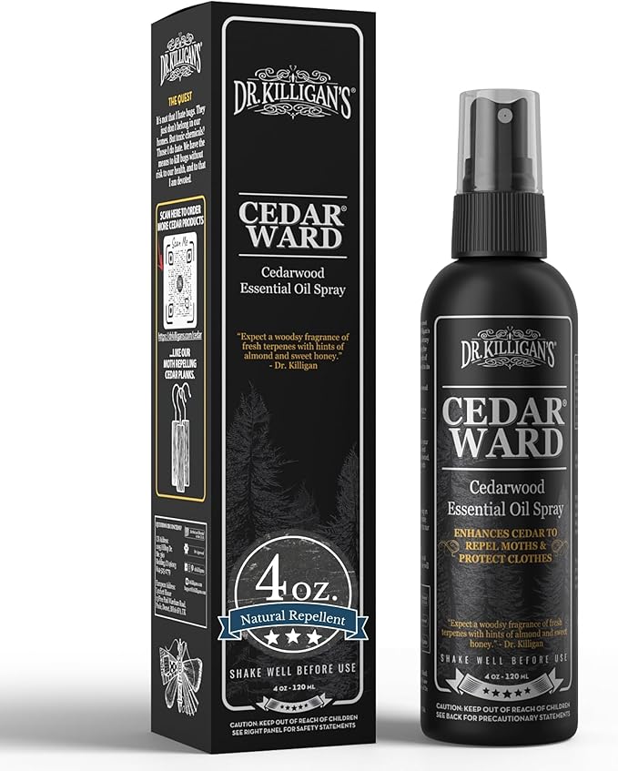 Dr. Killigan’s CedarWard Spray - 4 fl. oz. - Natural Cedar Oil Formula Restores Scent to Cedarwood Accessories, Closets, Drawers, Trunks, Chests, Pest and Moth Repellent for Clothes