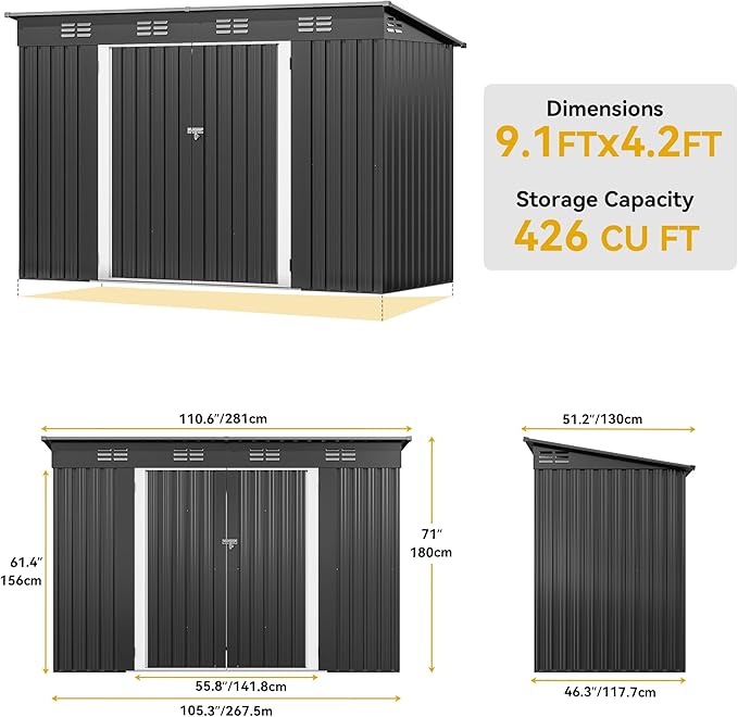 DWVO 9.1x4.2ft Large Outdoor Storage Shed, Metal Tool Sheds, Heavy Duty Tool Storage with Lockable Doors & Air Vent for Backyard Patio Lawn to Store Bikes, Tools, Lawnmowers,Dark Gray
