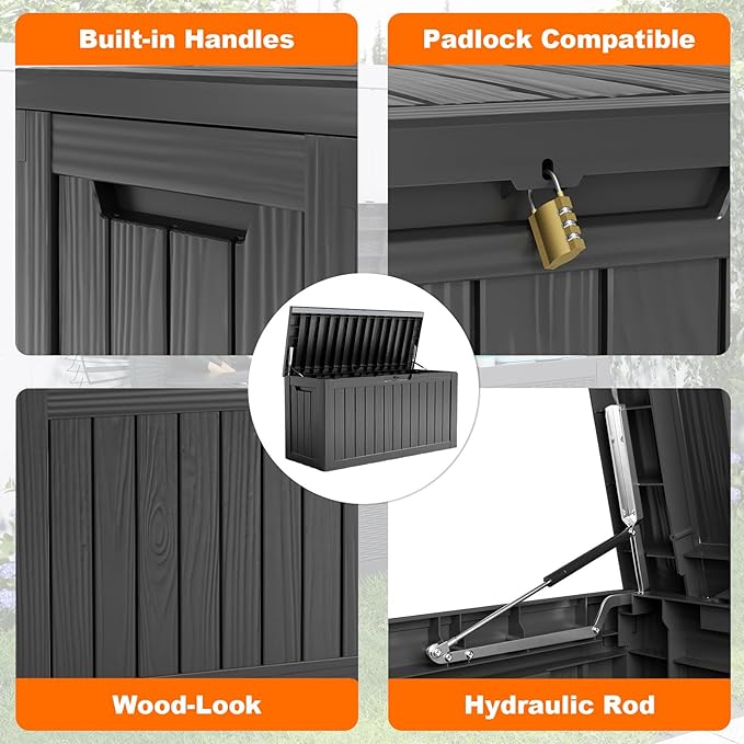 80 Gallon Resin Deck Box, Lockable Patio Outdoor Storage Box for Furniture, Garden Tools and Tools Storage, Waterproof Outside Storage Box - Black