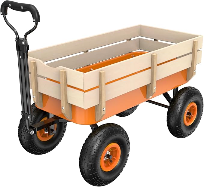 VINGLI Wagon Cart, Steel Frame and Wood Coated Railing, 330lbs All Terrain Wagon 9.2in Solid Tires for Garden and Outdoor (Orange)