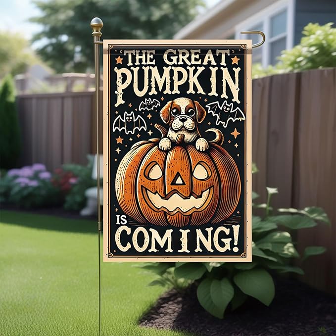 Halloween Garden Flag Pumpkin Dog Design Outdoor Yard Banner Autumn Fall Decoration Jack O Lantern Pumpkin Lawn Holiday Party Home Decor 12x18 Inch Double Sided Seasonal House Flag
