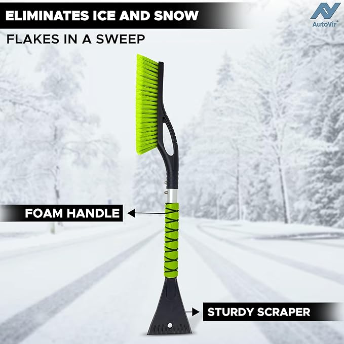 27" Snow Brush and Ice Scrapers for Car Windshield (1 Pack), Window Ice and Snow Scraper with Ergonomic Foam Grip, Snow Windshield Scraper with Aluminum Body, Winter Car Accessories (Green)