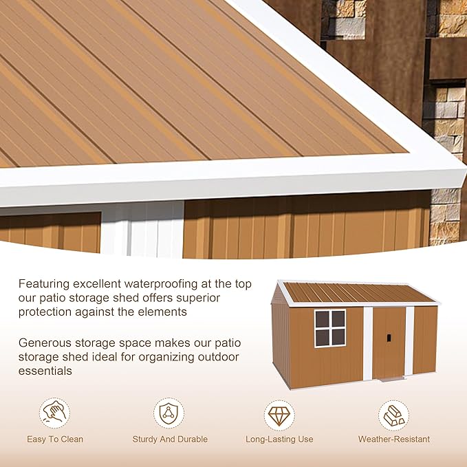 12x8 FT Outdoor Steel Storage Shed with Clear Windows, Sliding Lockable Door & Ventilation, Brown and White Weather-Resistant Metal Tool Shed for Garden, Backyard, Lawn, and Utility Storage