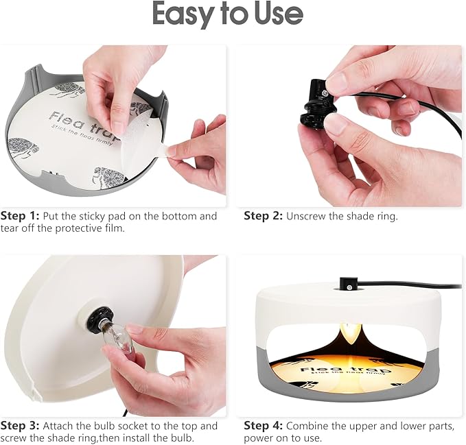 Flea Traps for Inside Your Home, 4 Pack Indoor Flea Light with 12 Sticky Pads Refills & 12 Bulbs Replacement, Odorless Bed Bug Killer Lamp Insect Infestation Treatment Glue Trap for Kids Pet