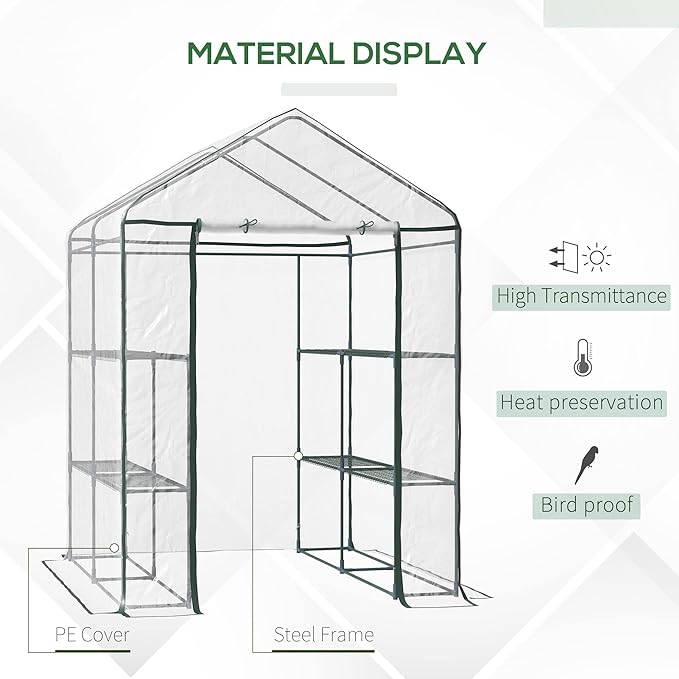 Outsunny 5' x 5' x 6' Mini Walk-in Greenhouse Kit, Portable Green House with 3 Tier Shelves, Roll-Up Door, and Weatherized Plastic Cover for Backyard Garden, Clear
