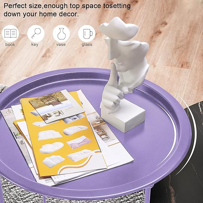 Garden 4 you End Table 2 PCS Metal Side Table Purple Round Folding Tray Cyan Sofa Small Accent Fold-able Table, Round End Table Tray, Next to Sofa Table, Snack Table for Living Room and Bed Room