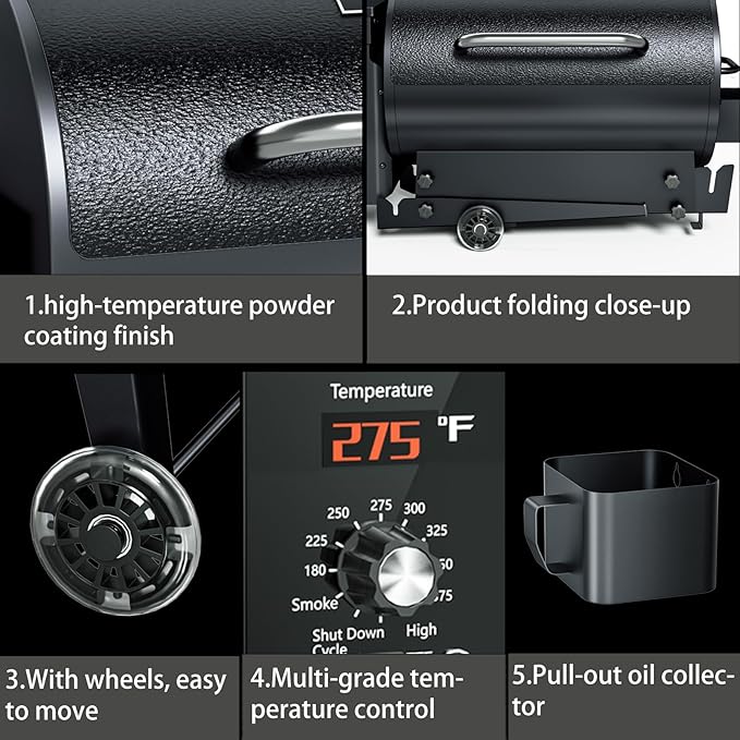 KingChii Portable Electric Wood Pellet Grill & Smoker with Foldable Legs, 456 SQ.IN Grill Capacity, 18LB Hopper, with PID Temperature Control (180-425°F) for Backyard Camping Bake and Roast