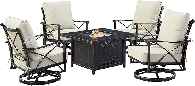 Oakland Living AHRI-4CH-CAVE-LGCU-AC Black Aluminum Patio Fire Table Set with Four Club Chairs, Antique Copper