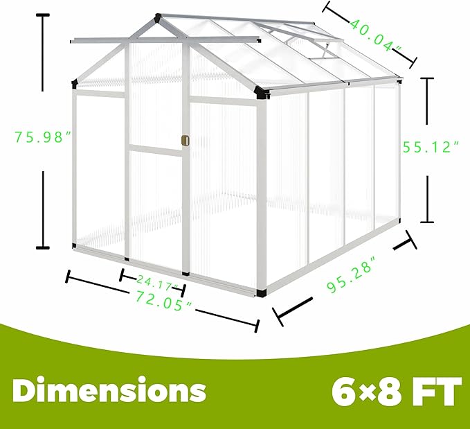 6 x 8 FT Aluminum Greenhouse for Outdoors, Polycarbonate Walk-in Greenhouse,Silver