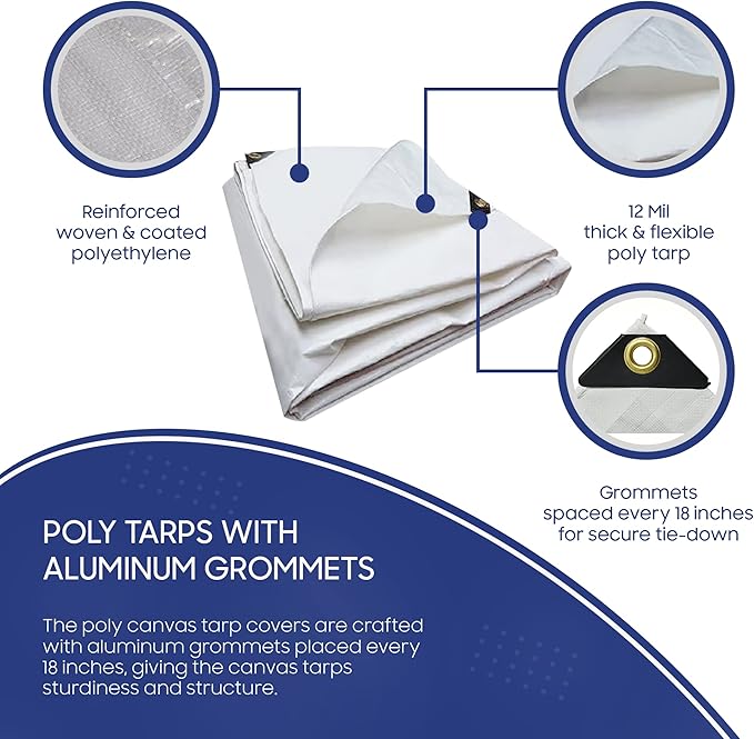 Tarps Now 80x80 Feet Poly Tarp |12 MIL Heavy Duty Waterproof Cover |Rip and Tear Proof Plastic Tarp with Rustproof Aluminum Grommets & Reinforced Edges |Ideal for Roof Repairs, Landscaping-White