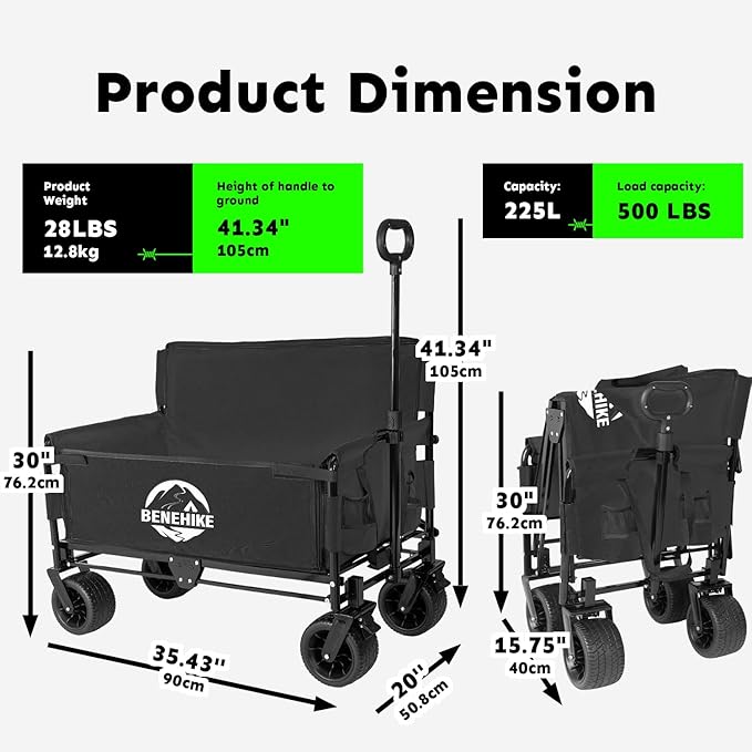3-in-1 Large Collapsible Folding Wagon, BENEHIKE Foldable Beach Wagon with Rotated Wheels, 500lbs/225L Outdoor Utility Wagon Convert to Bench for Sand, Groceries, Camping, Sports, Shopping (Black)