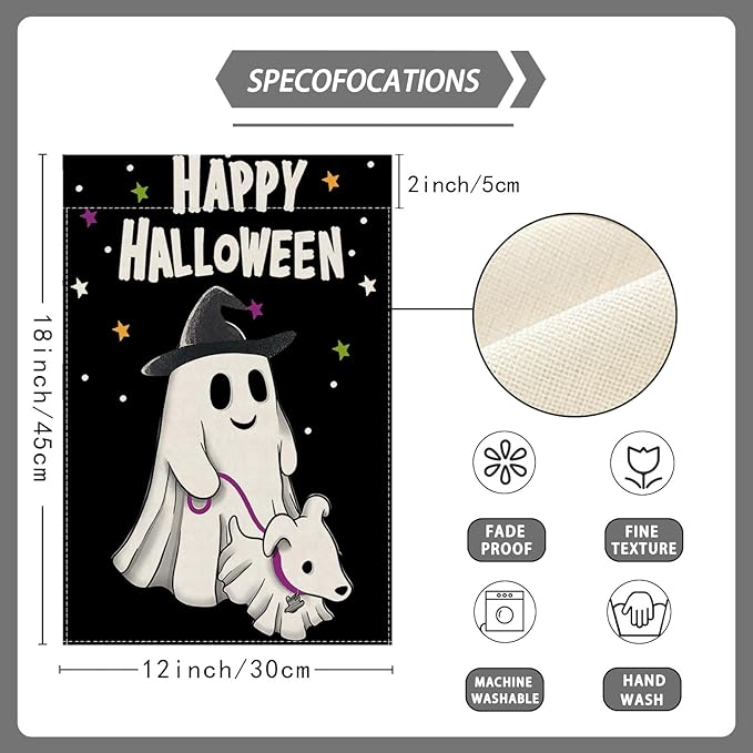 Happy Halloween Garden Flag Ghost Dog Yard Flag 12x18 Inch Double Sided Small Mini Yard Outdoor Outside Holiday Party Decoration
