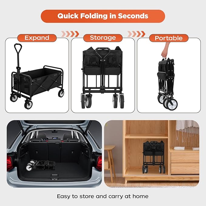 PayLessHere 38" Collapsible Wagon Folding Foldable Garden Cart with Large Capacity, 330 LBS Capacity Portable Utility Wagon Cart Heavy Duty for Beach Camping Shopping Garden,Black