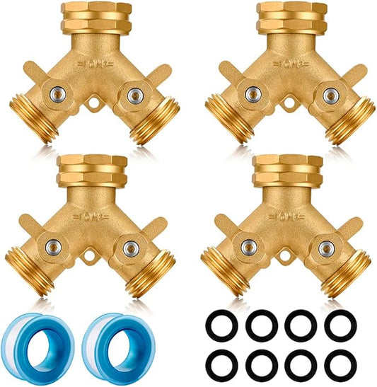Garden Hose Splitter,2 Way Connector Heavy Duty Brass, Garden Faucet,Splitter for Outdoor Faucet, Hose y Splitter, Hose Bib Splitter, Adapter with Comfortable Grip Shut Off Valves 4 Pcs