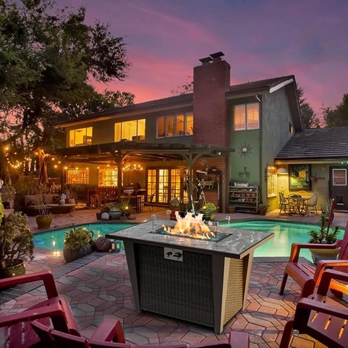 42'' Propane Fire Pit Table, Marble Tile Ceramic Tabletop with Glass Wind Guard, 50,000 BTU Fire Table with Inclined Leg and Art Powder Design, Blue Glass Rocks, Including Lid&Cover, Brown