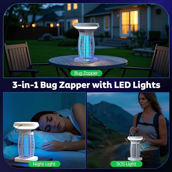 Bug Zapper Outdoor with Solar Panel, Electric Mosquito Zapper Waterproof Rechargeable Wireless for Indoor Outdoor