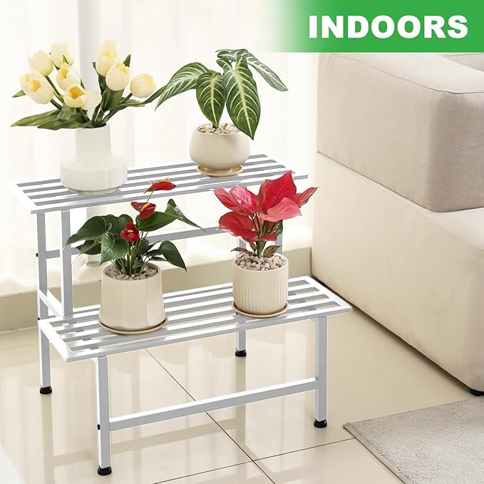 Metal Plant Stand Outdoor Plant Shelf Indoor,2 Tier Heavy Duty Ladder Plant Stands for Multiple Plants,26" L x 20.25" H x 17.75" W,White