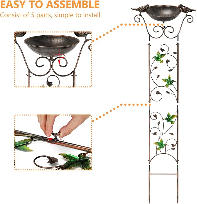 SUNNYPARK Antique Garden Iron Trellis with Decorative Hummingbirds Detachable Bird Bath Bowl Metal Potted Plant Support for Climbing Flowers