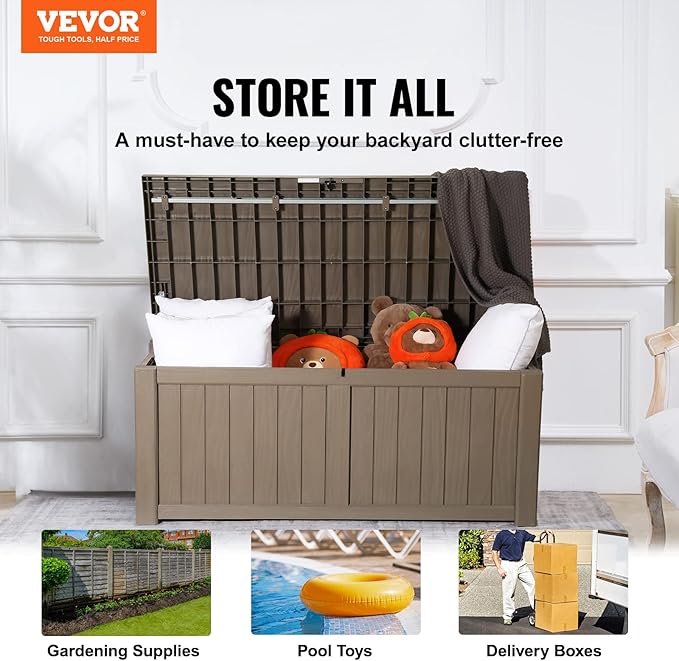 VEVOR Deck Box, 120 Gallon Outdoor Storage Box, 56.3" x 26.6" x 23.8", Waterproof PP Deckbox with Aluminum Alloy Padlock, for Patio Furniture,Garden Tools, Outdoor Cushions, Gray