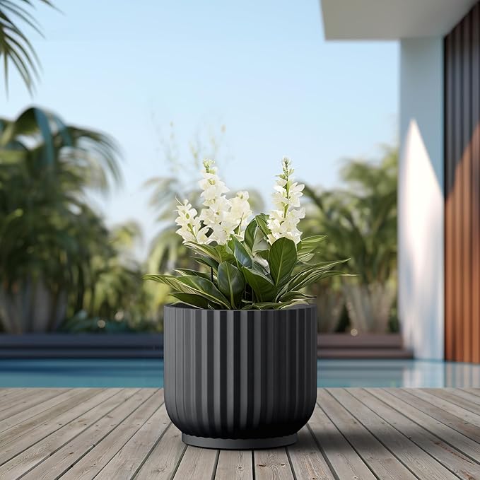 Kante Round Fulted Planter, 16.7 Inch Dia Large Concrete Plant Pots with Drainage Hole and Rubber Plug, Modern Decor for Indoor Outdoor Plants, Flower, Black