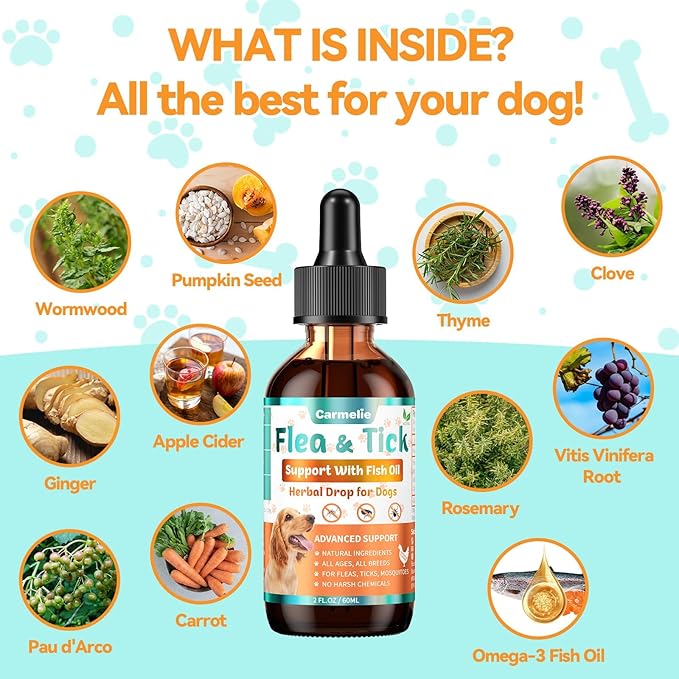 Flea & Tick Support for Dogs, Natural Flea and Ticks Comfort for Dog with Fish Oil, Flea & Tick Liquid Herbal Drop for Dogs - All Breeds & Ages - Chicken