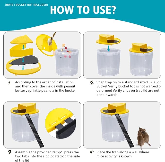 Mouse Trap Bucket Adapted to 5 Gallon Bucket Lid Rat Trap Automatic Reset for Indoor Outdoor Use Reusable (3PC+STIKER)