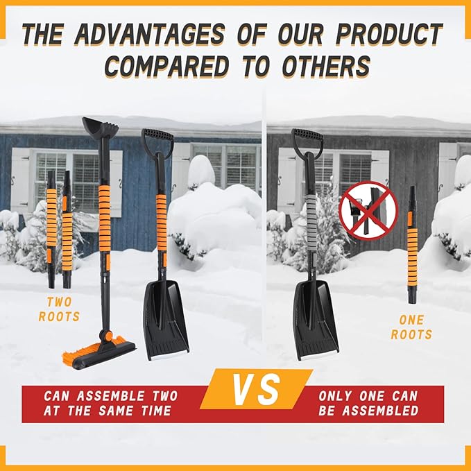 6 in 1 Snow Brush Snow Shovel Set Retractable Car Snow Scraper with 270° Rotating Broom Silicone Strip Foam Grip Ice Scraper and Accidental Snow Shovel Vehicle Winter Kit for Trucks SUV Cars