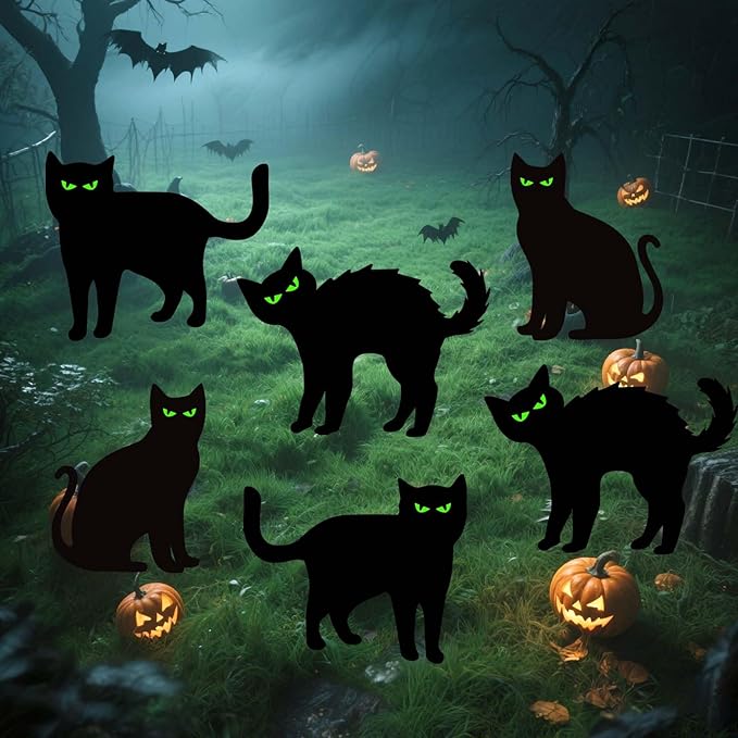 Halloween Decorations Outdoor 6 PCS Black Cat Yard Signs with Stakes Scary Silhouette with Glow in Eyes Waterproof for Yard Lawn Garden Indoor Home Halloween Decor