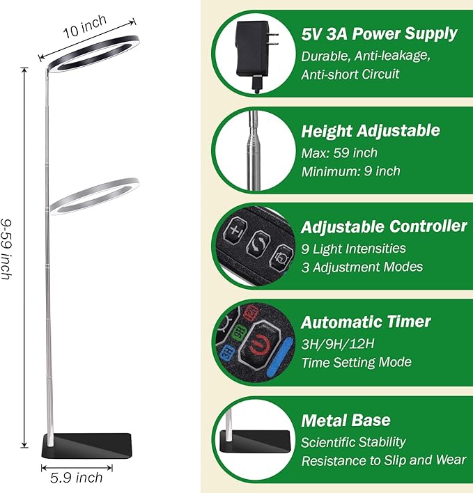 10" Floor Grow Lights for Large Indoor Plants, Full Spectrum Indoor Plant Light for Indoor Growing with Timer 3/9/12H,Height Adjustable 9"-59", 9 Brightness,Led Tall Halo Grow Light for House Plants