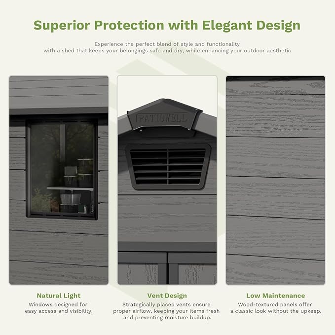 Patiowell 6 x 6 FT Plastic Outdoor Storage Shed with Floor, Resin Outside Tool Shed with Two Windows and Lockable Door for Garden, Backyard, Tool Storage Use, Easy to Install, Dark Grey