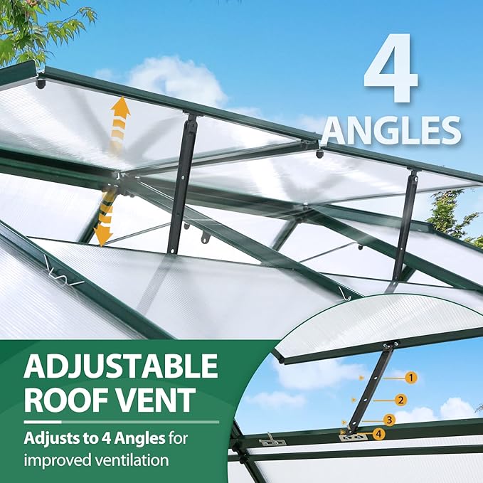 EAGLE PEAK 6x8x7 Outdoor Walk-in Hobby Greenhouse with Adjustable Roof Vent and Rain Gutter, Base and Anchor, Polycarbonate Aluminum Green House for Backyard Garden, Dark Green