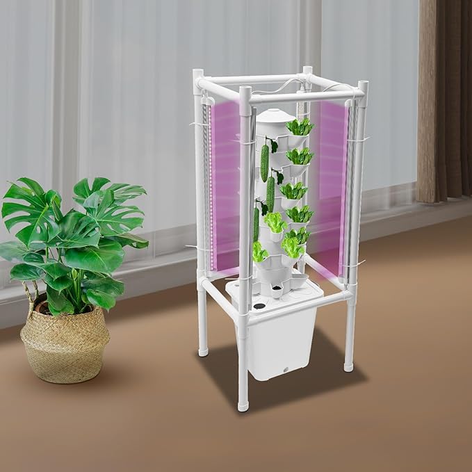 Hydroponics Growing System Kit, 6 Layers 30 Holes Indoor Gardening System Vertical Planter Germination Kit w/Water Pump, Hydroponic Natural Balanced Tower System for Chilies, Mint (White)