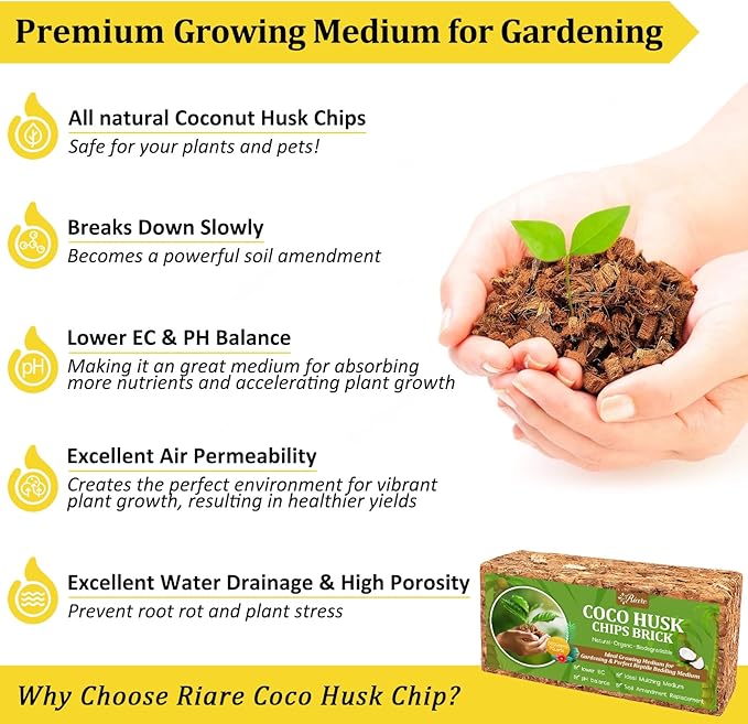 Riare 6 Pack Coco Chips Substrate for Plants- 6.6lb 100% Organic Coconut Husk Brick with Low EC and pH Balanced, High Expansion Coconut Substrate Coco Husk Mulch for Garden Flowers, Herbs, Planting