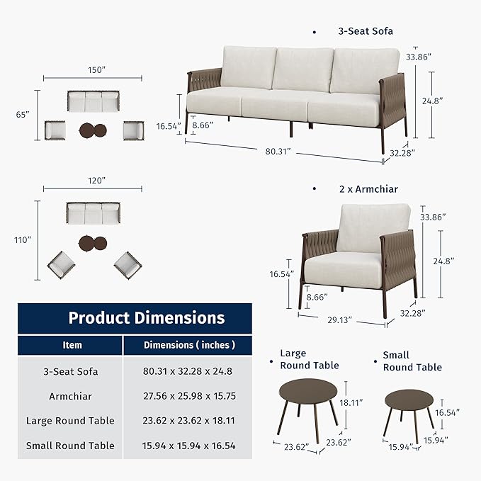EAST OAK 5-Piece Patio Furniture Set | Life Chatter 5-Seat Outdoor Furniture | Deep Seating & Two Coffee Tables | Waterproof Extra-Thick Cushions | Porch, Balcony & Backyard | Apricot