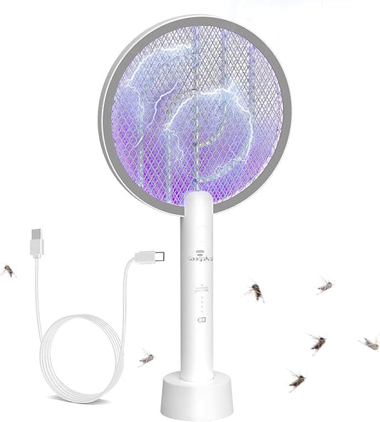 Bug Zapper Racket, 2 in 1 Electric Fly Zapper USB Rechargeable, 4000V Electric Fly Swatter with 3 Layer Safety Mesh, Indoor Outdoor Electric Racket for Kitchen, Bedroom, Camping