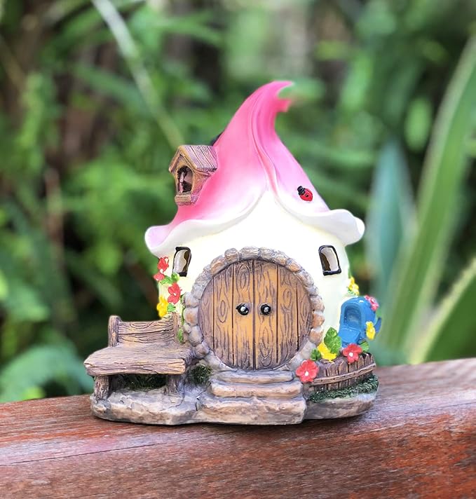 Solar Fairy Cute Garden House, Outdoor Gnome House Figurine with Solar Lights, Little Garden Cottage Figurines Multicolor