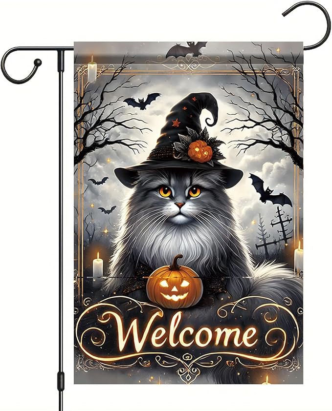 Halloween Garden Flag Maine Coon Cat Flag 12x18 Inch Double Sided Outdoor Holiday Yard Decoration Seasonal House Lawn Decor Porch Patio Farmhouse Outside Fall Welcome Banner