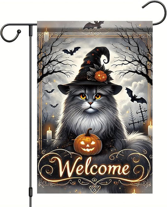 Halloween Garden Flag Maine Coon Cat Flag 12x18 Inch Double Sided Outdoor Holiday Yard Decoration Seasonal House Lawn Decor Porch Patio Farmhouse Outside Fall Welcome Banner